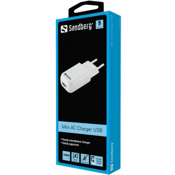 Sandberg mini caricabatterie AC USB 1A EU, uso interno, AC, 5 V, nero, bianco