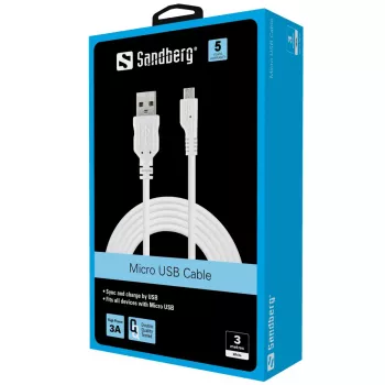 Sandberg cavo sincronizzazione/ricarica MicroUSB 3 m, 3 m, USB A, Micro-USB B, USB 2.0, connettore maschio/connettore maschio, bianco