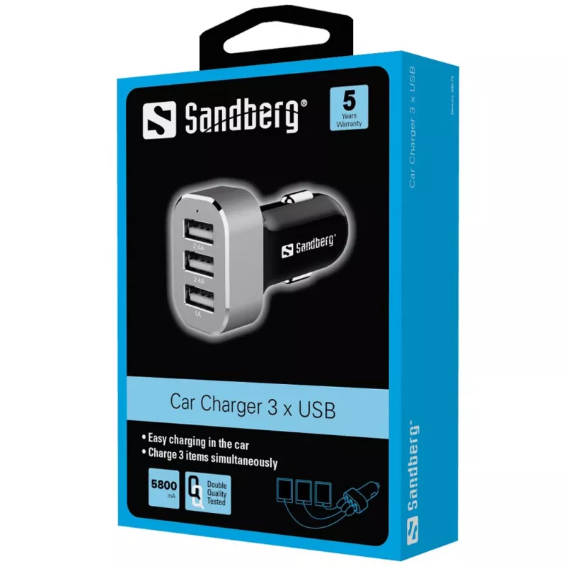 Sandberg Multi Car Charger 3xUSB, Auto, accendisigari, USB, 5 V, nero, argento