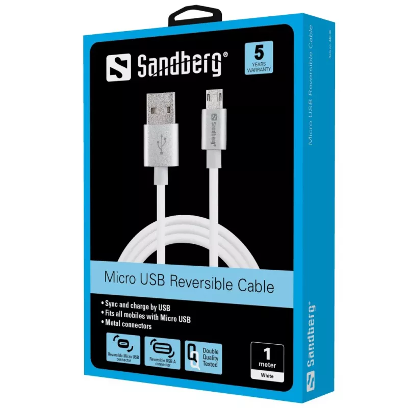 Sandberg cavo MicroUSB reversibile 1m, 1 m, USB A, Micro-USB A, argento, bianco