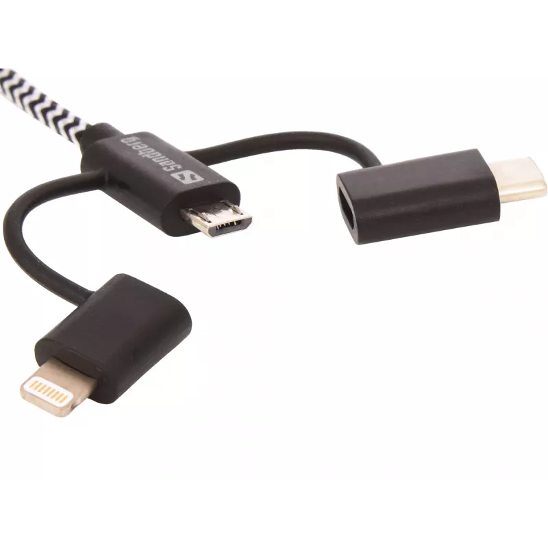 Sandberg 3in1 Lightning+MicroUSB+USB-C 1m, 1 m, Micro-USB A, USB A, connettore maschio/connettore maschio, nero, grigio