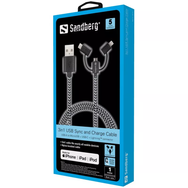 Sandberg 3in1 Lightning+MicroUSB+USB-C 1m, 1 m, Micro-USB A, USB A, connettore maschio/connettore maschio, nero, grigio