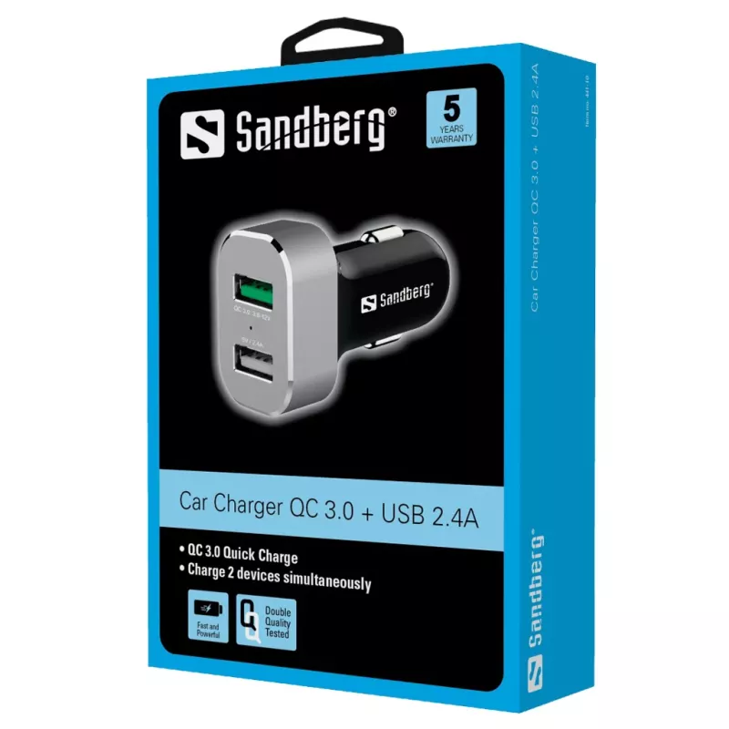 Sandberg caricabatterie da auto 1xQC 3.0+1xUSB2.4A, auto, accendisigari, 12 V, alluminio, nero