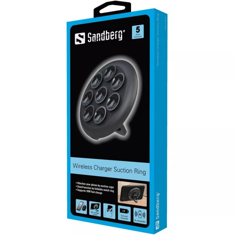 Sandberg Wireless Charger Suction Ring, interno, esterno, USB, ricarica wireless, PowerIQ, nero