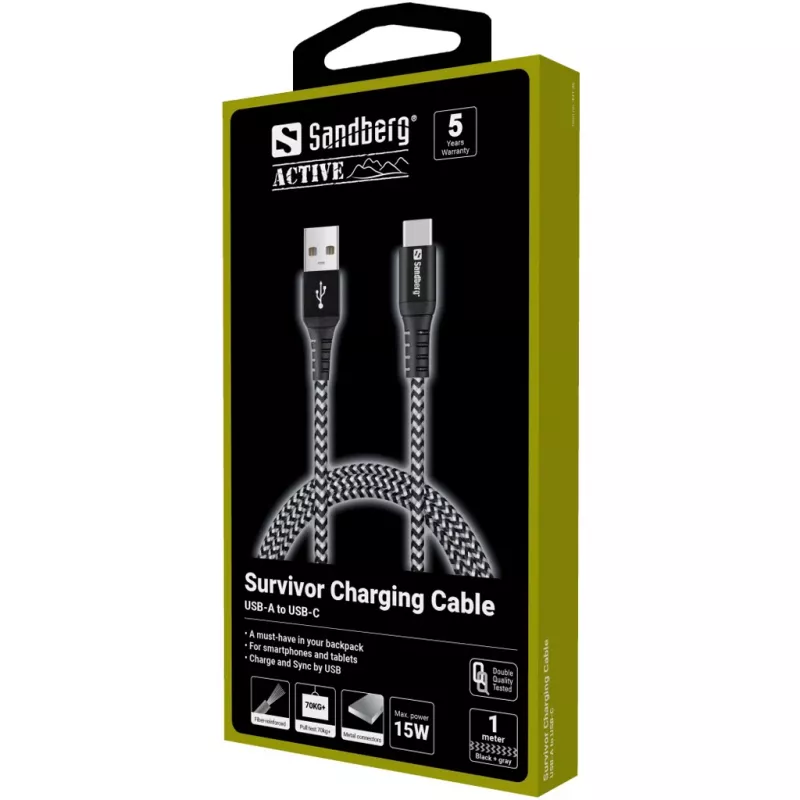 Sandberg cavo Survivor USB-C—USB-A 1 m, 1 m, USB A, USB C, USB 2.0, nero, grigio