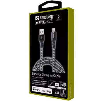 Sandberg cavo Survivor Lightning 2 m, 2 m, Lightning, USB A, connettore maschio, connettore maschio, nero, grigio