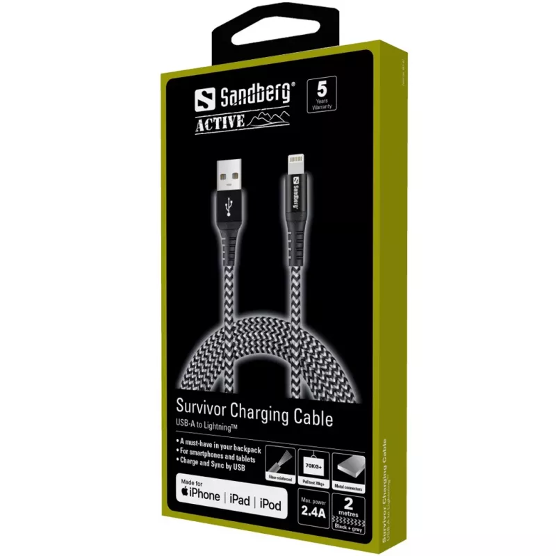 Sandberg cavo Survivor Lightning 2 m, 2 m, Lightning, USB A, connettore maschio, connettore maschio, nero, grigio