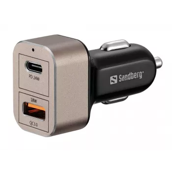 Sandberg caricabatterie da auto 1xQC3.0+1xUSBC 24W, auto, accendisigari, 12 V, nero, grigio