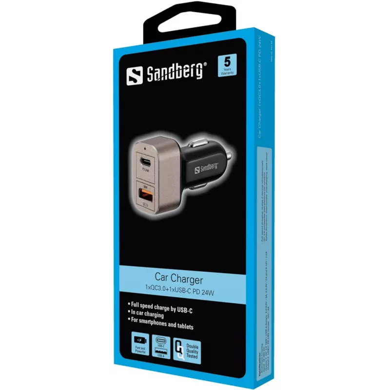 Sandberg caricabatterie da auto 1xQC3.0+1xUSBC 24W, auto, accendisigari, 12 V, nero, grigio