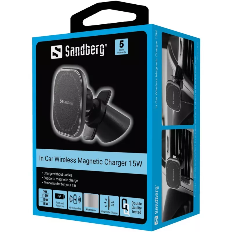 Sandberg In Car Wireless Magnetic Charger 15W, Auto, USB, ricarica wireless, 1,2 m, nero