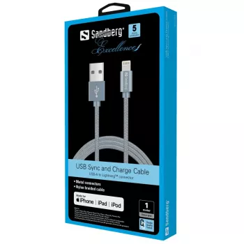Sandberg Excellence Lightning grigio 1m, 1 m, Lightning, USB A, grigio, dritto, dritto