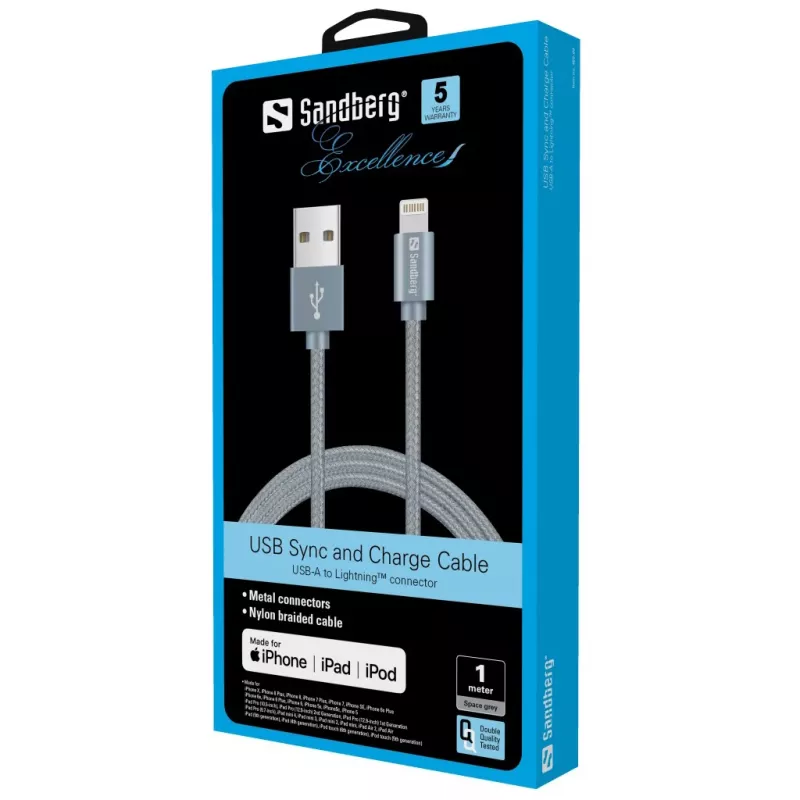 Sandberg Excellence Lightning grigio 1m, 1 m, Lightning, USB A, grigio, dritto, dritto