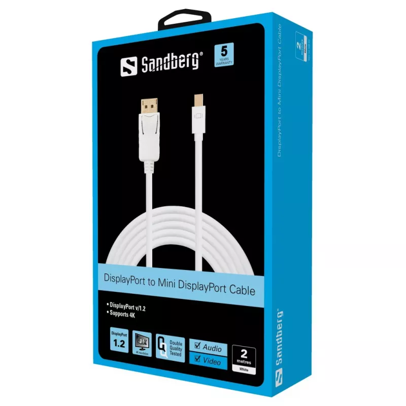 Sandberg DP-MiniDP 1.2 4K M-M 2m, 2 m, DisplayPort, Mini DisplayPort, connettore maschio, connettore maschio, bianco