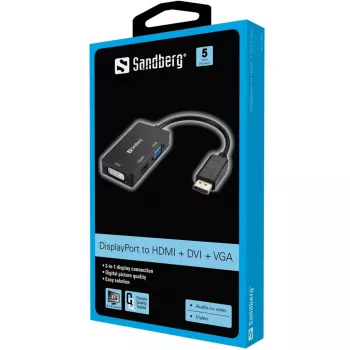 Sandberg adattatore DP>HDMI+DVI+VGA, 0,19 m, DisplayPort, VGA (D-Sub)+ HDMI + DVI, connettore maschio, connettore femmina, 3840 x 2160 pixel