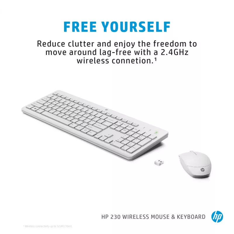 HP 230 tastiera e mouse combo wireless, full-size, a membrana, bianco