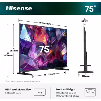 Hisense 75E7S PRO TV 189 cm (75 pollici) UHD+ Smart-TV Wi-Fi nero 350 cd/m²