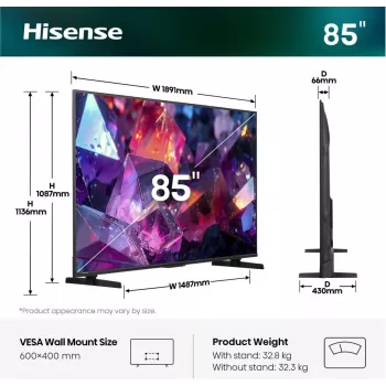 Hisense 85E7S PRO TV 2,16 m (85 pollici) UHD+ Smart-TV Wi-Fi nero 400 cd/m²