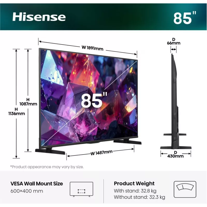 Hisense 85E7S PRO TV 2,16 m (85 pollici) UHD+ Smart-TV Wi-Fi nero 400 cd/m²