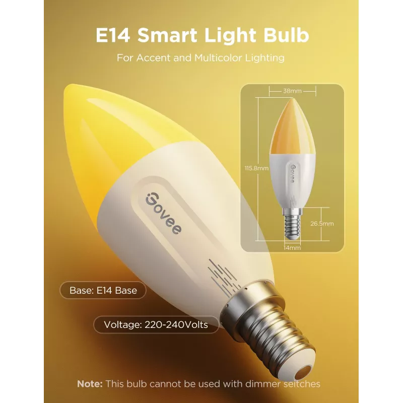 Lampadina LED Govee B600CCC1 RGBWW E14 confezione da 2 – lampada smart a luce regolabile, da bianco caldo a bianco freddo