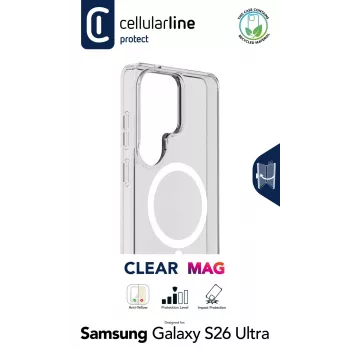 Cellularline Clear Mag - Galaxy S26 Ultra custodia trasparente ultraresistente con bordo in gomma, compatibile con l'ecosistema Qi2 e accessori magnetici, trattata contro l'ingiallimento.