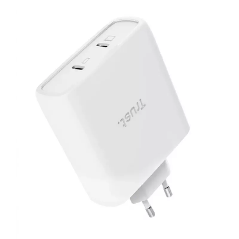 Caricabatterie TRUST Maxo 100W 2-Port USB-C GaN — 100 W, 2x USB-C, 20 V max, AC, interno, cavo 2 m, bianco