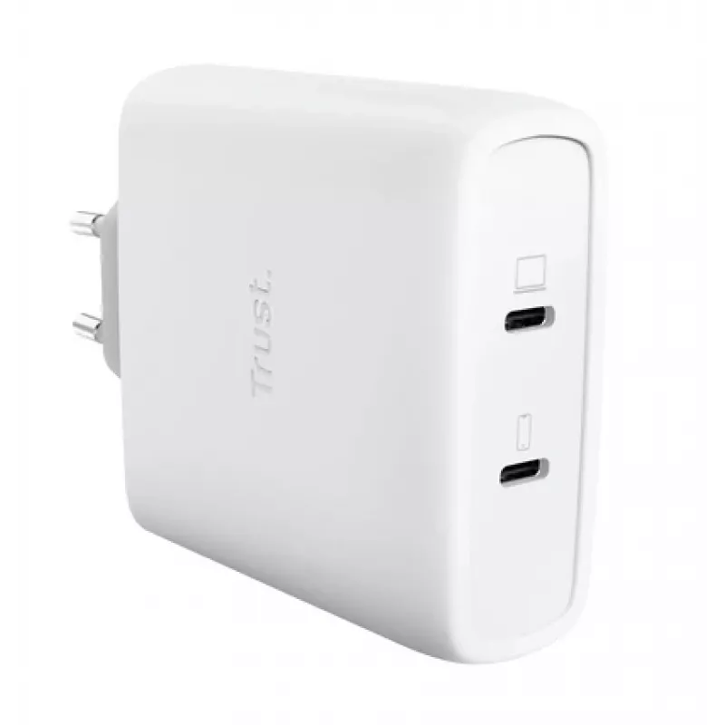 Caricabatterie TRUST Maxo 100W 2-Port USB-C GaN — 100 W, 2x USB-C, 20 V max, AC, interno, cavo 2 m, bianco