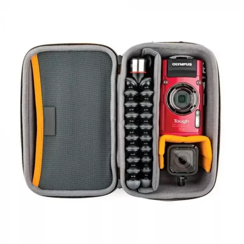 Borsa per fotocamera Lowepro HARDSIDE CS 60 — custodia rigida, compatta, 140×85×227 mm, nero/arancione
