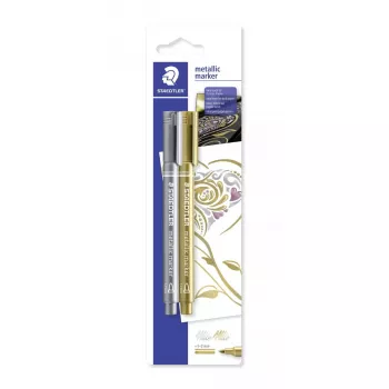 Staedtler 8323-S BK2 pennarello metallizzato, punta tonda 1-2 mm, oro/argento, confezione da 2