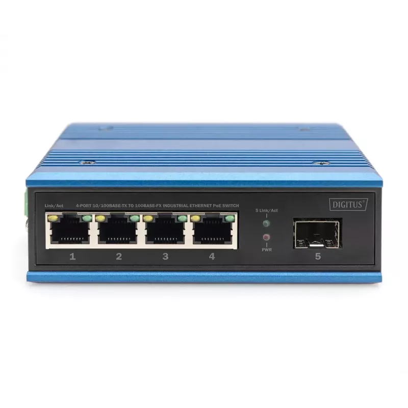 Switch di rete Digitus 4 porte Fast Ethernet PoE, industriale, unmanaged, 1 uplink SFP