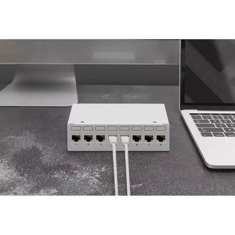 Patch panel DIGITUS desktop modulare vuoto, schermato, 8 porte, acciaio, grigio, montaggio a parete