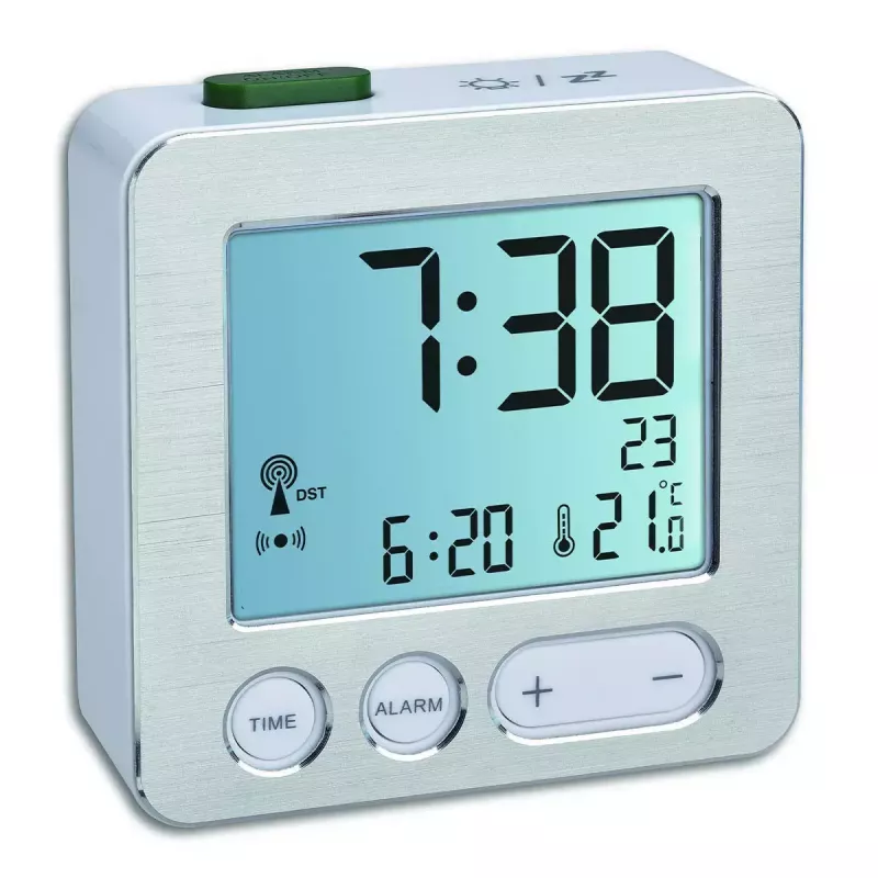 Sveglia digitale TFA 60.2545.54 — rettangolare, LCD argento, retroilluminazione blu, batteria (AAA)