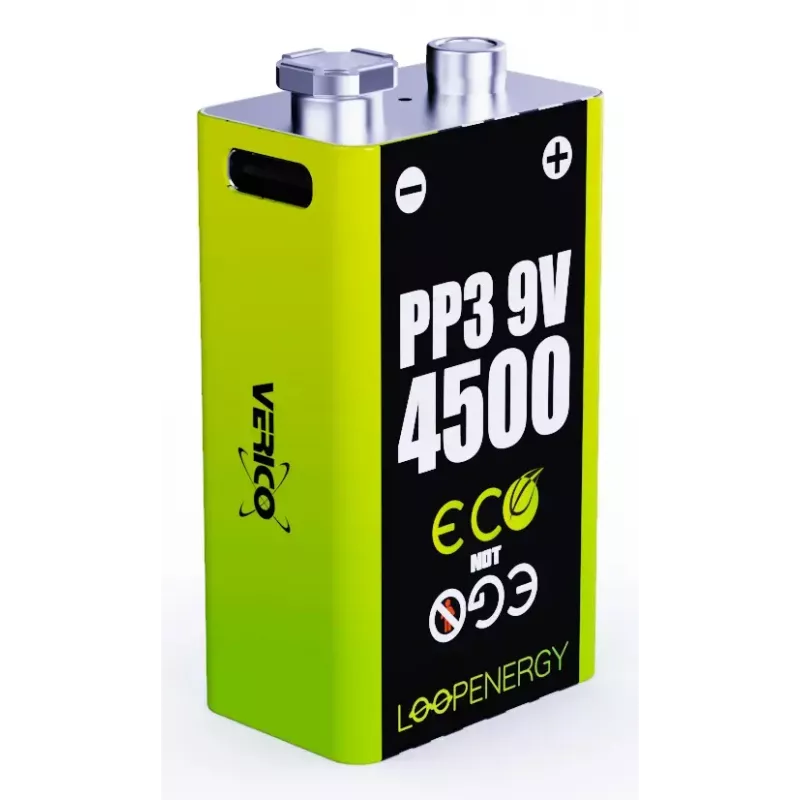 Batteria ricaricabile 9V VERICO LoopEnergy PP3 4500 — Li-Ion, 2 pezzi, 500 mAh, ricarica USB-C