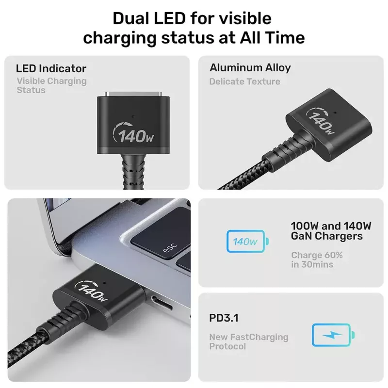 Cavo di alimentazione UNITEK C14121BK-1M nero MagSafe 3 USB C 1m 28V 5A