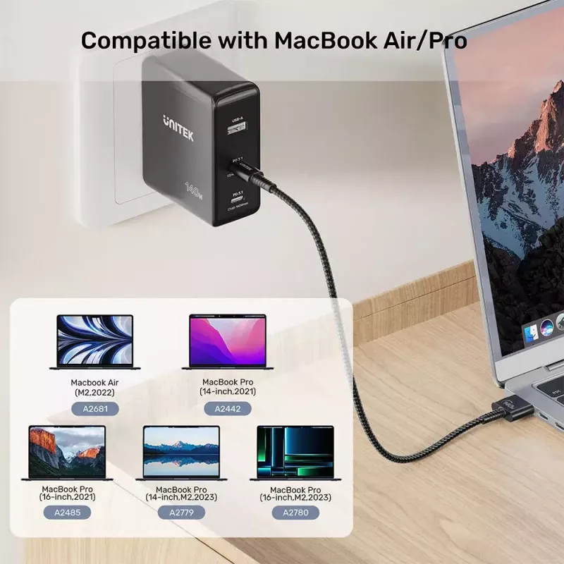 Cavo di alimentazione UNITEK C14121BK-1M nero MagSafe 3 USB C 1m 28V 5A