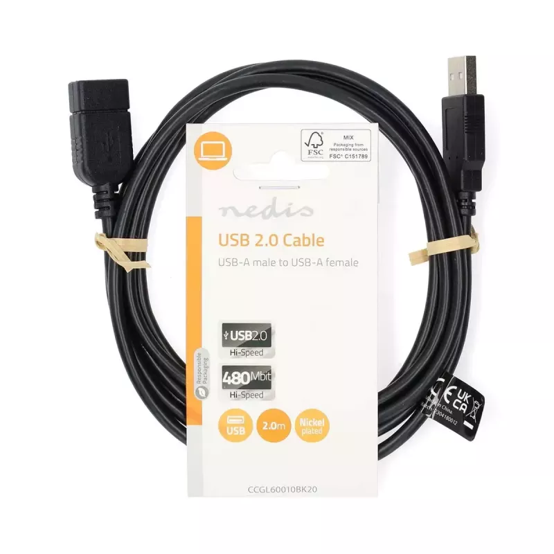 Nedis CCGL60010BK20 Cavo di prolunga USB 2.0, A maschio a A femmina, 2 m, nero