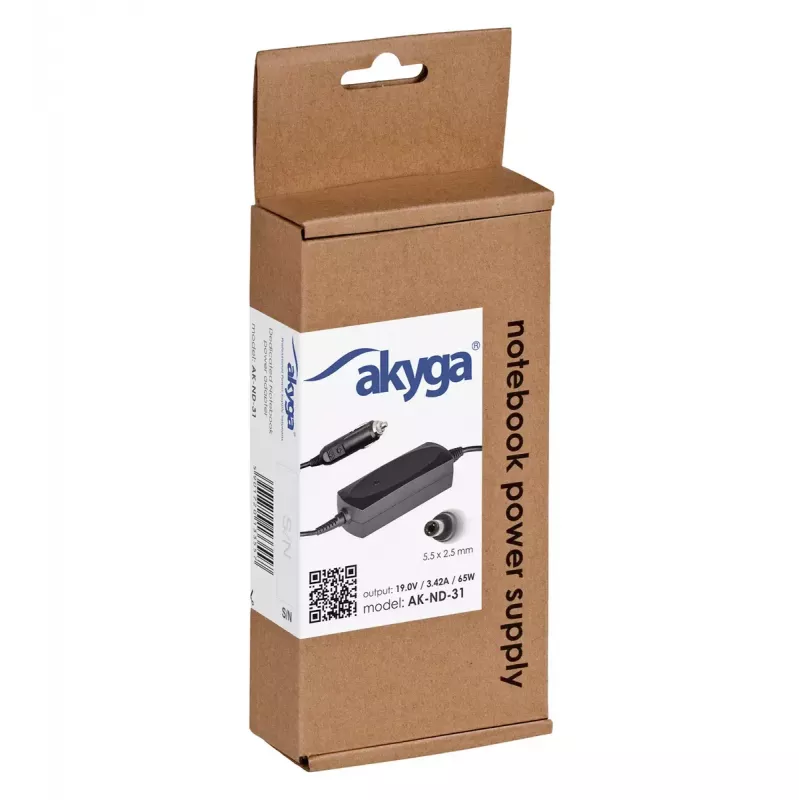 Alimentatore da auto per notebook Akyga AK-ND-31 per Asus / Toshiba, 65 W, 19 V / 3,42 A, 5,5 x 2,5 mm, ingresso 12 V