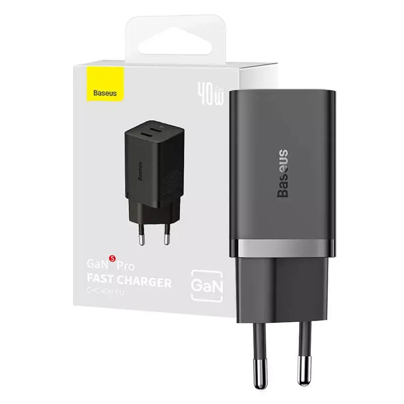Caricatore da parete Baseus GaN5 40 W, 2x USB-C (nero)