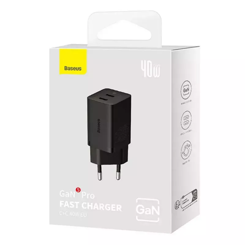 Caricatore da parete Baseus GaN5 40 W, 2x USB-C (nero)