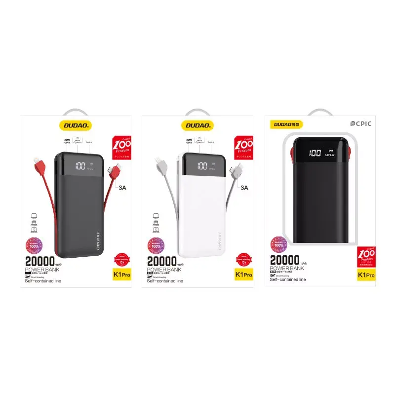 Powerbank Dudao K1Pro 20000 mAh 15 W con 4 cavi integrati, nero