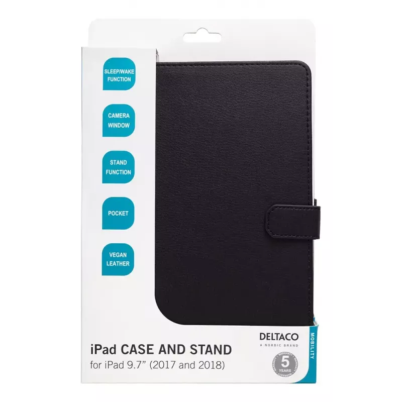 Custodia per tablet DELTACO IPD-2017-2 folio per iPad 9,7 pollici (2017/2018), pelle, modalità stand
