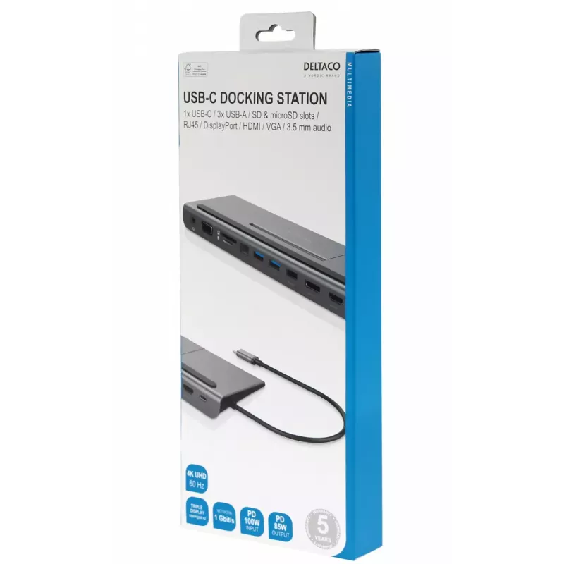 Dock per laptop Deltaco USBC-DOCK2 con cavo USB 3.2 Gen 1 Type-C grigio