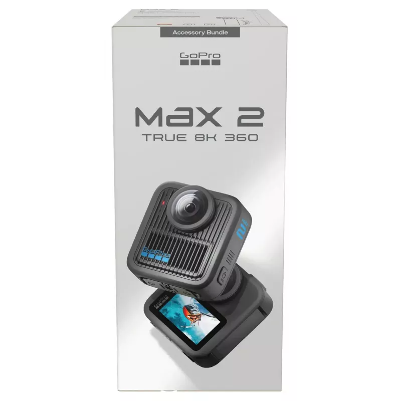 Action camera GoPro MAX2 con 8K Ultra HD, sensore da 29,5 MP, 100 fps, display LCD, GPS, Wi‑Fi — kit di accessori