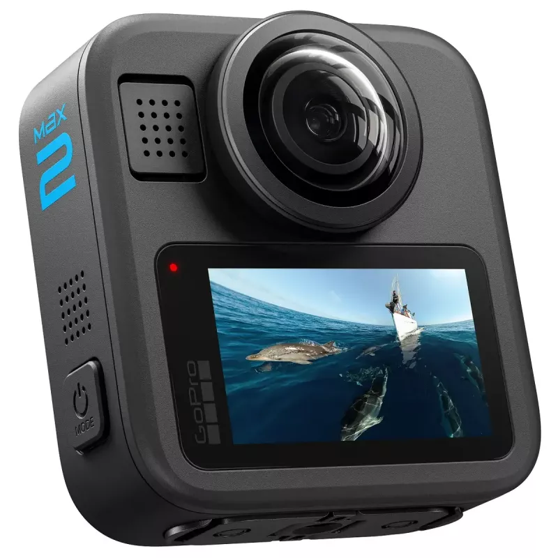 Action camera GoPro MAX2 con 8K Ultra HD, sensore da 29,5 MP, 100 fps, display LCD, GPS, Wi‑Fi — kit di accessori
