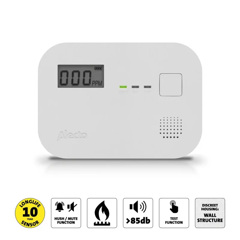 Rilevatore di monossido di carbonio Alecto COA3910 — sensore CO elettrochimico, a batteria, bianco, 110×78×37 mm