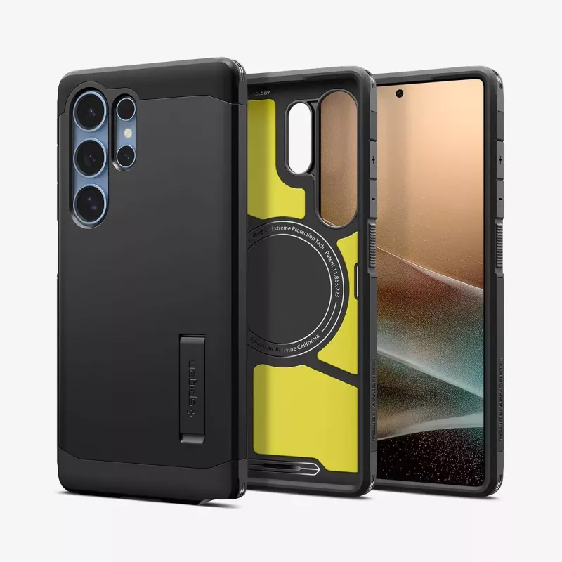 Cover Spigen Galaxy S25 Ultra Tough Armor AI nero supporto da tavolo