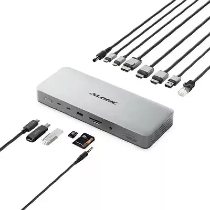 Dock per laptop / replicatore di porte ALOGIC TB4DU4 — Thunderbolt con cavo, 96 W, lettore schede SD/microSD, 3,5 mm, alluminio/ABS