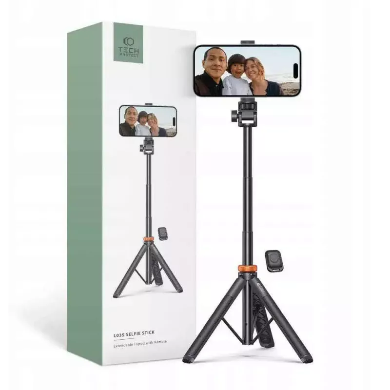 Tech-Protect L03S Selfie stick treppiede con telecomando Bluetooth, nero