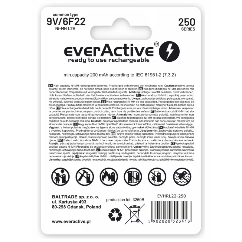 Batterie ricaricabili everActive Ni-MH 6F22 9V 250 mAh Silver Line