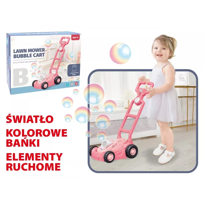 Tagliaerba con bolle di sapone rosa