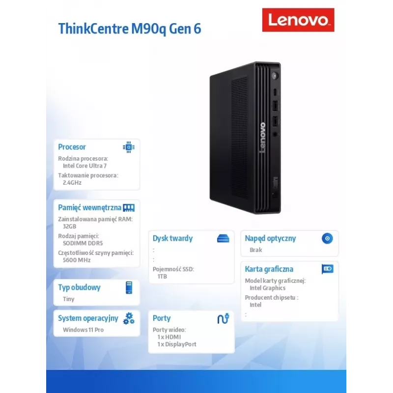 Computer ThinkCentre M90q Tiny G6 13AC000EPB W11Pro Ultra 7 265/2x16GB/1TB/INT/vPro/nero/3 anni OS + 1 anno Premier
